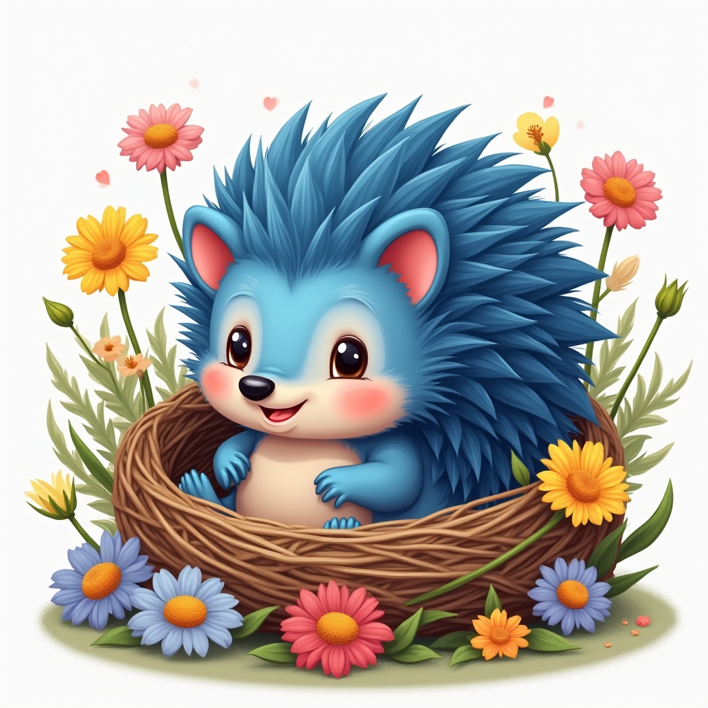 Cute hedgehog in a nest with flowers Cute hedgehog in a nest with flowers