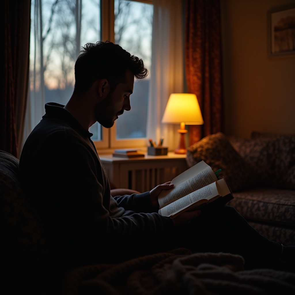 Man reading book by lamp light Man reading book by lamp light