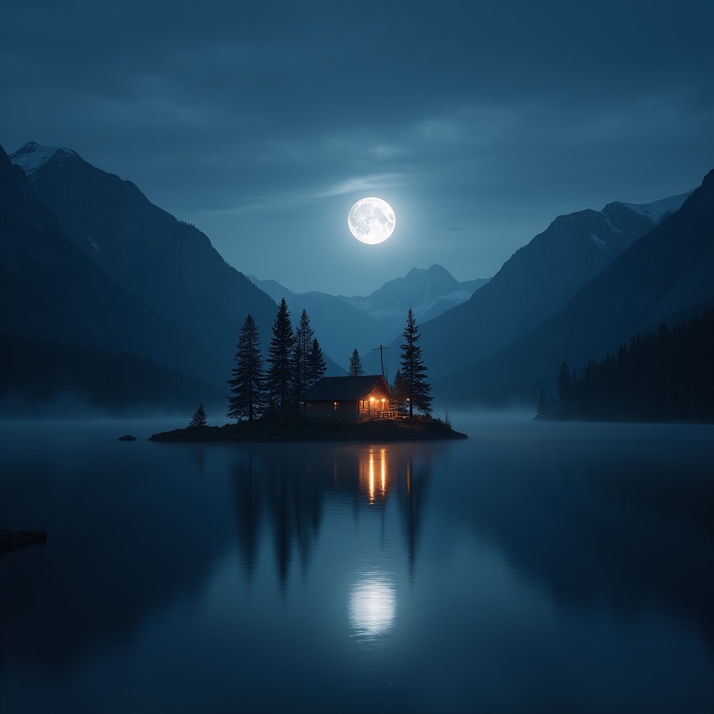Moonlit cabin by the lake Moonlit cabin by the lake
