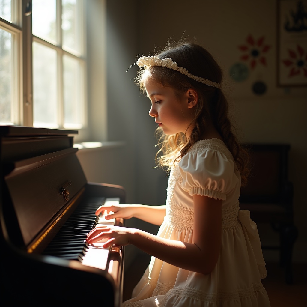 Girl playing piano in sunlight Girl playing piano in sunlight
