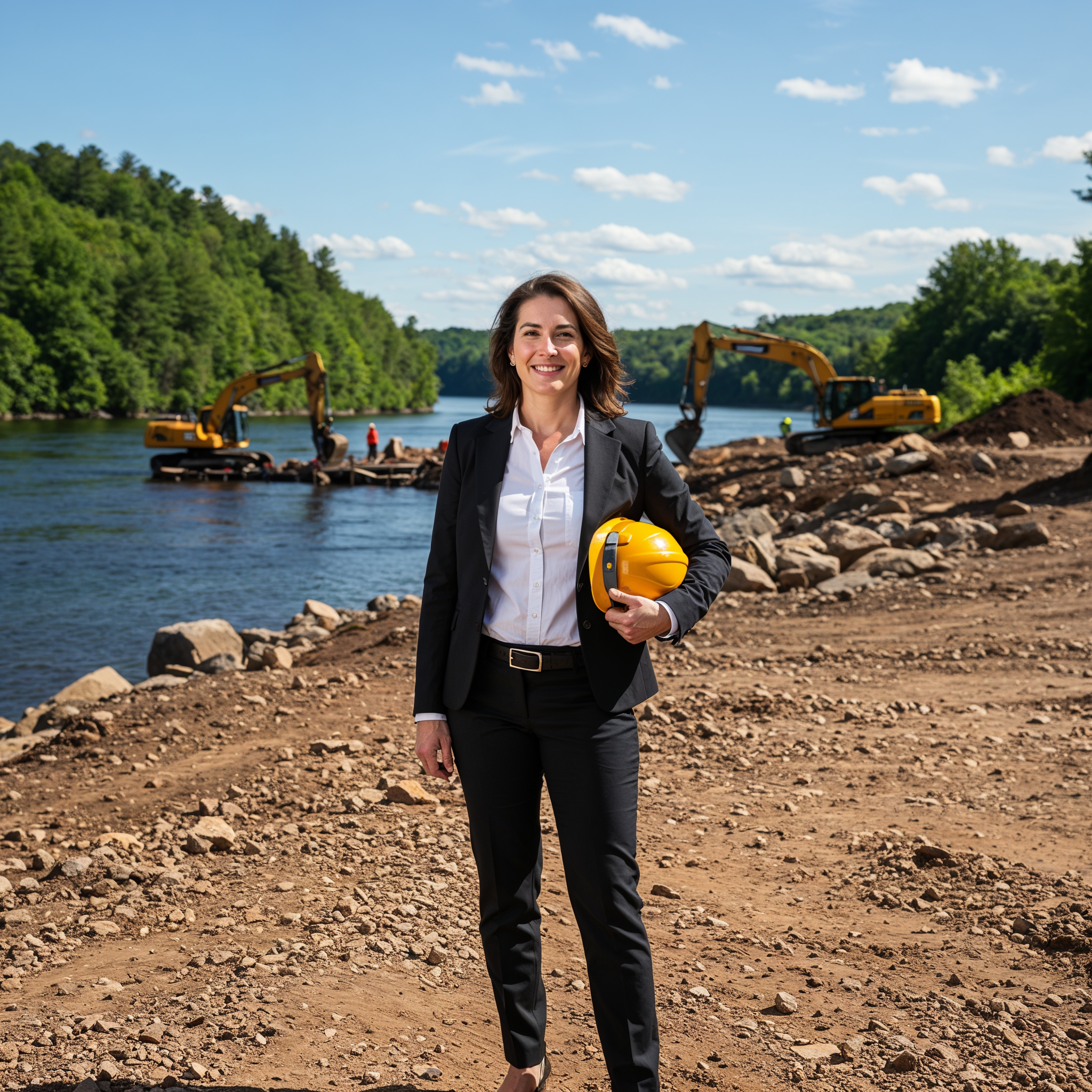 Woman oversees construction at river Woman oversees construction at river