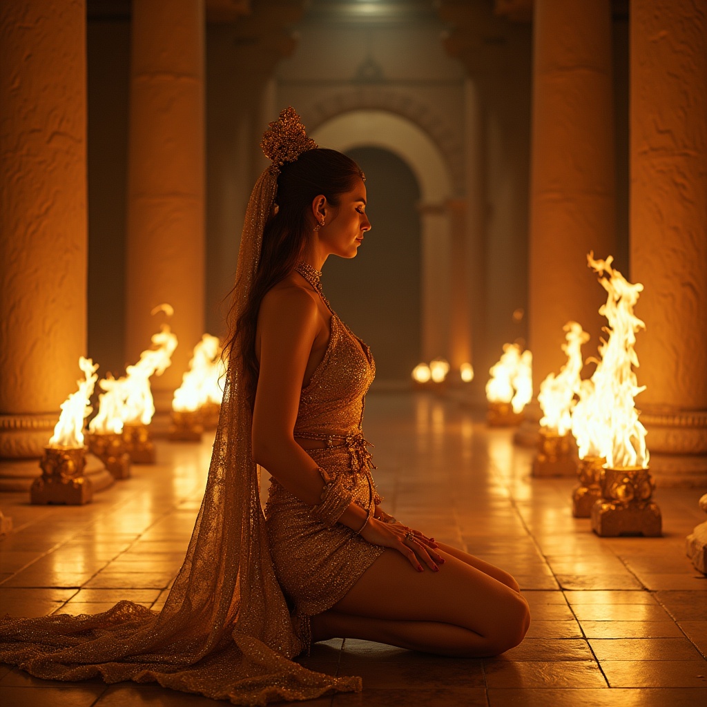 Woman in gold before flames Woman in gold before flames