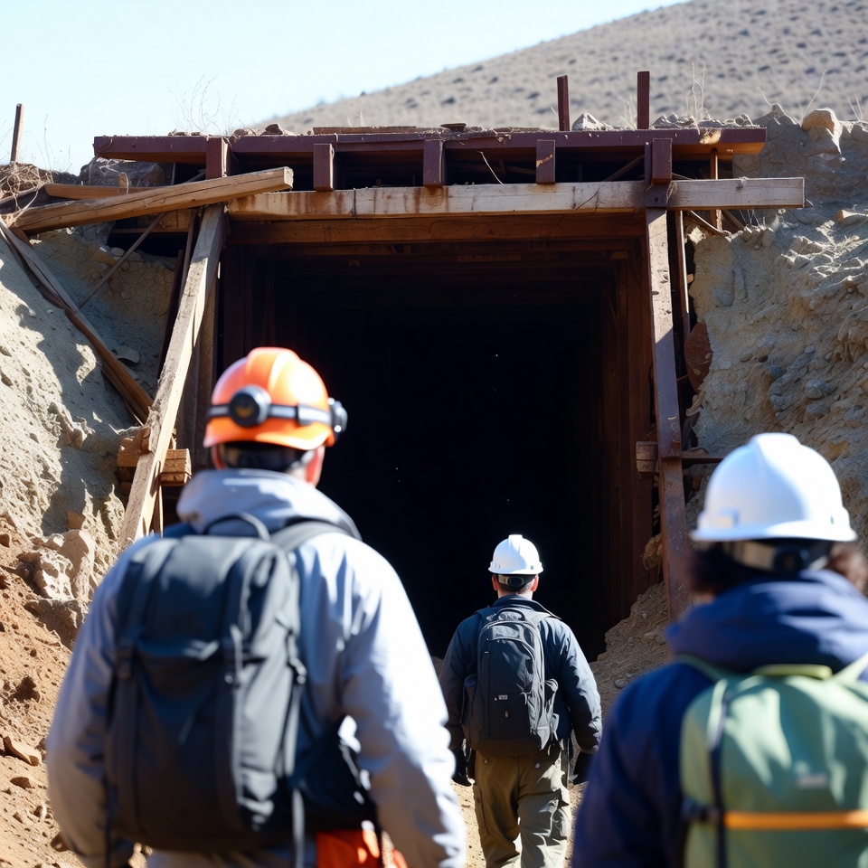 Miners approaching dark tunnel entrance Miners approaching dark tunnel entrance