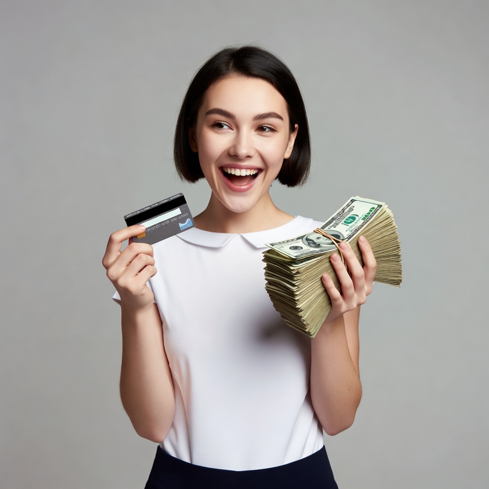Smiling person holds cash and card Smiling person holds cash and card