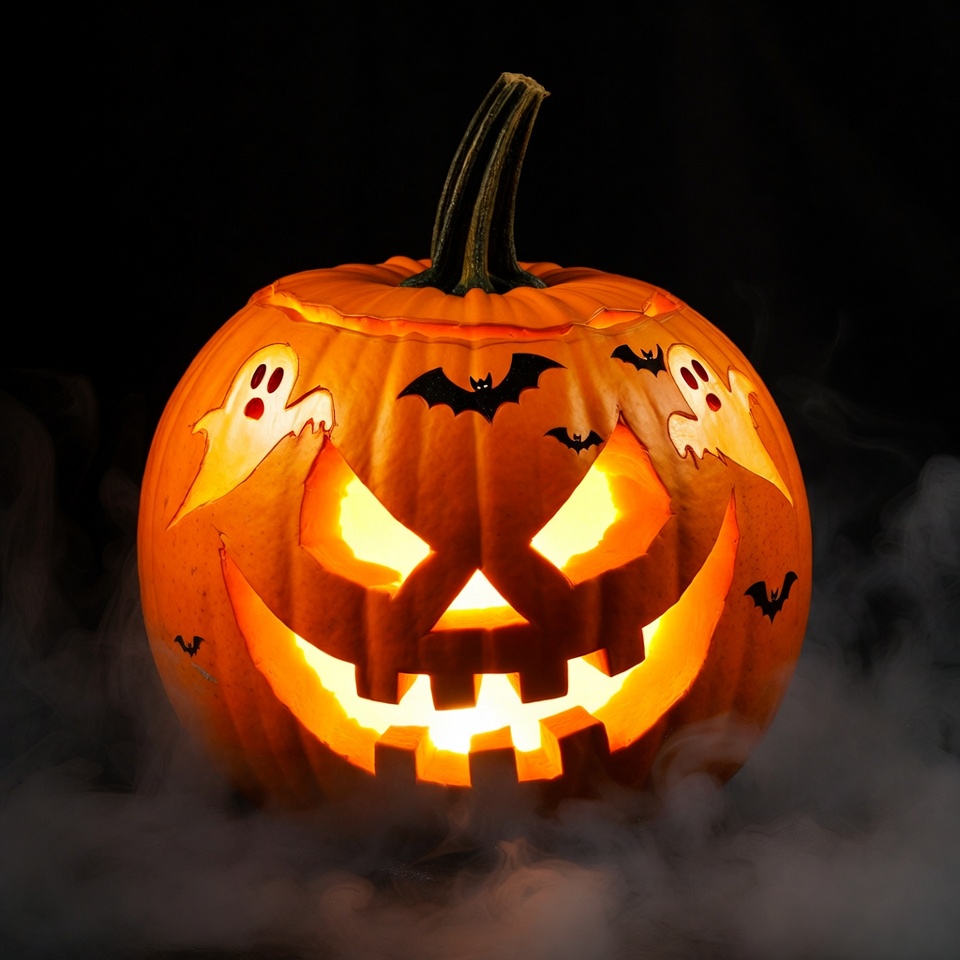 Pumpkin with spooky face and ghosts Pumpkin with spooky face and ghosts