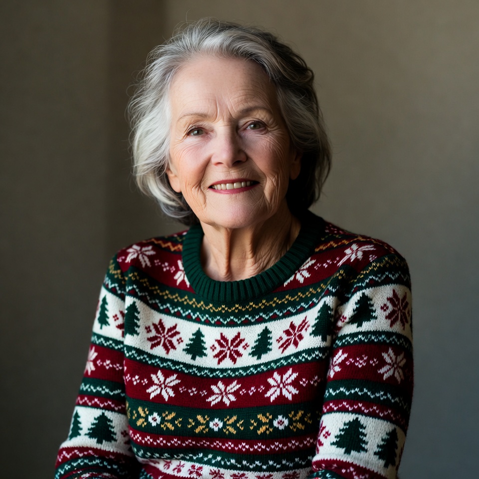 Elderly woman in festive sweater Elderly woman in festive sweater