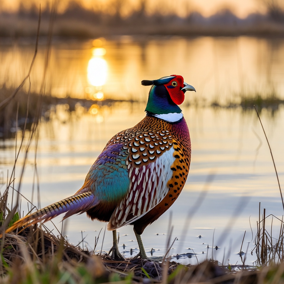 Pheasant by the water at sunset Pheasant by the water at sunset