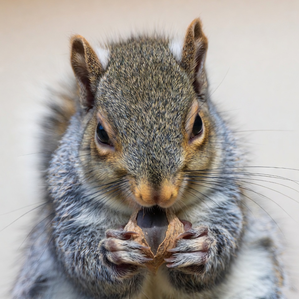 Squirrel holding a walnut in front of camera Squirrel holding a walnut in front of camera