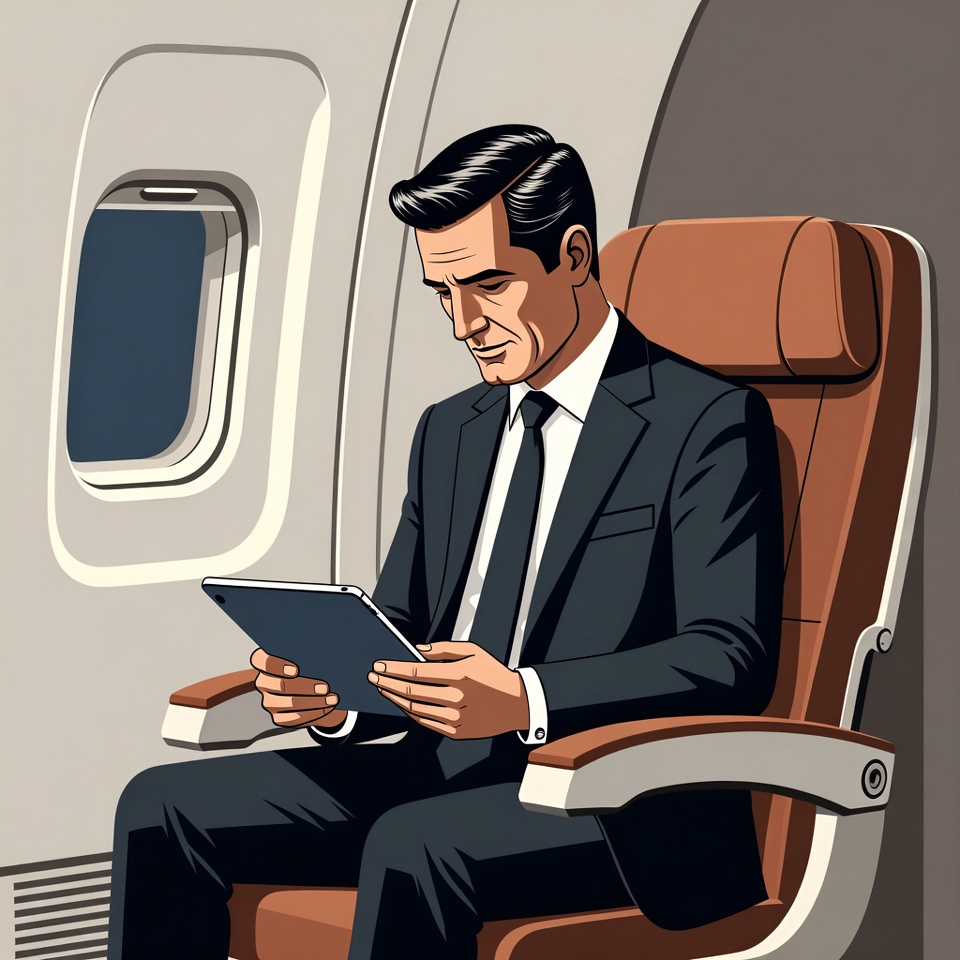 Businessman works on plane seat Businessman works on plane seat