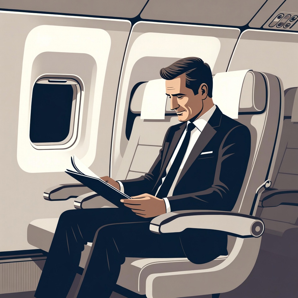 Businessman reading on airplane Businessman reading on airplane