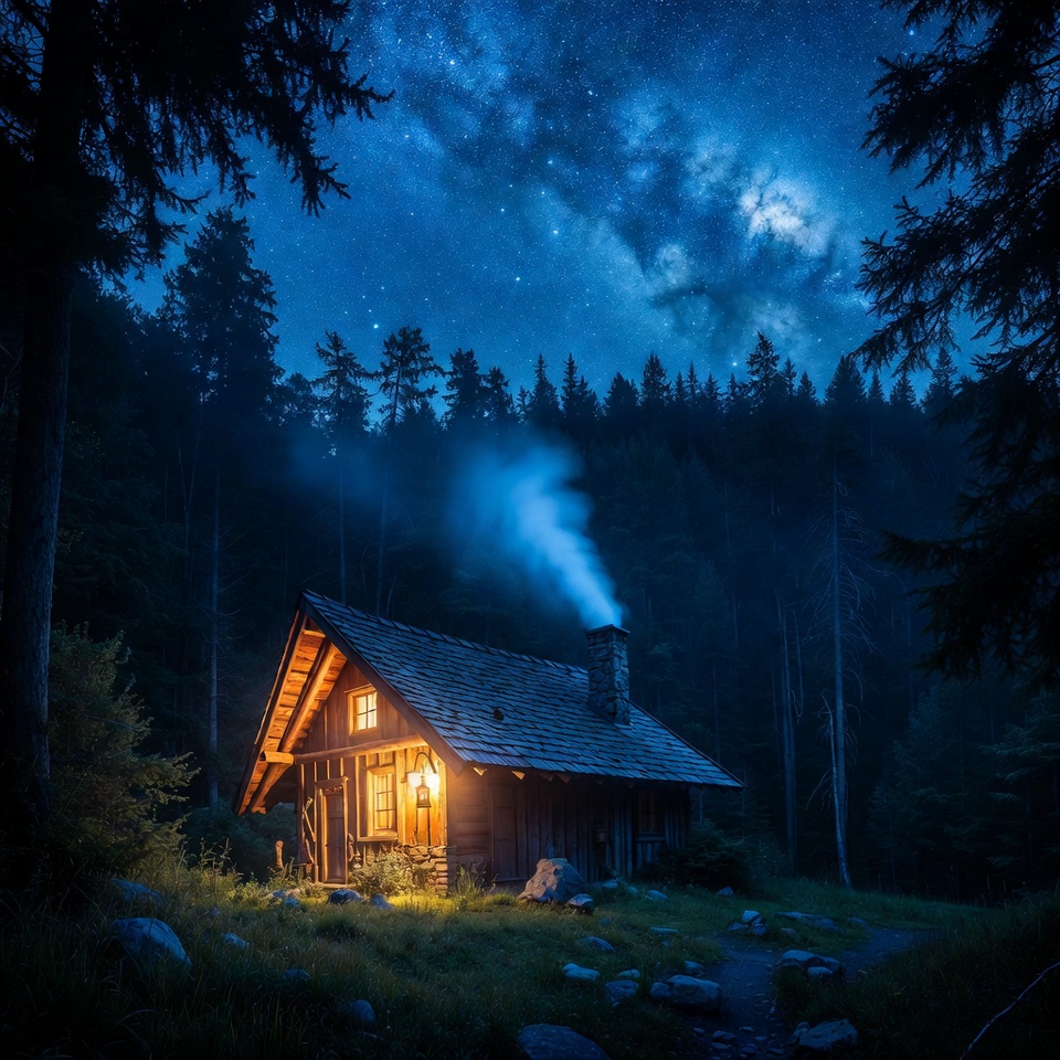 Cozy cabin under starry night sky Cozy cabin under starry night sky