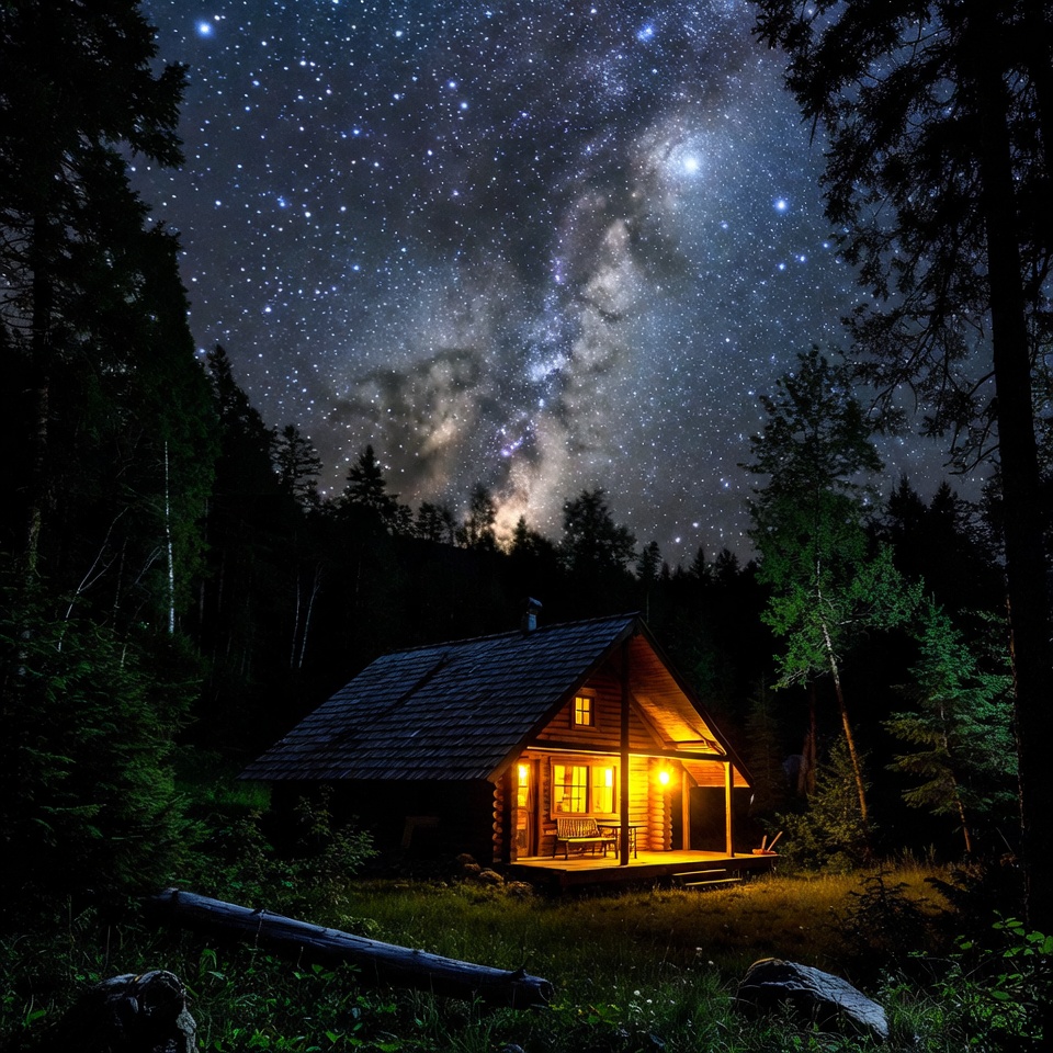 Cabin under a starry night sky Cabin under a starry night sky