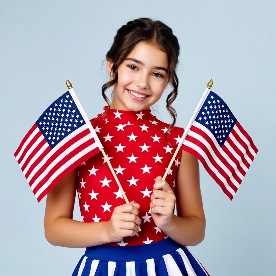 Girl with flags in red and blue outfit Girl with flags in red and blue outfit