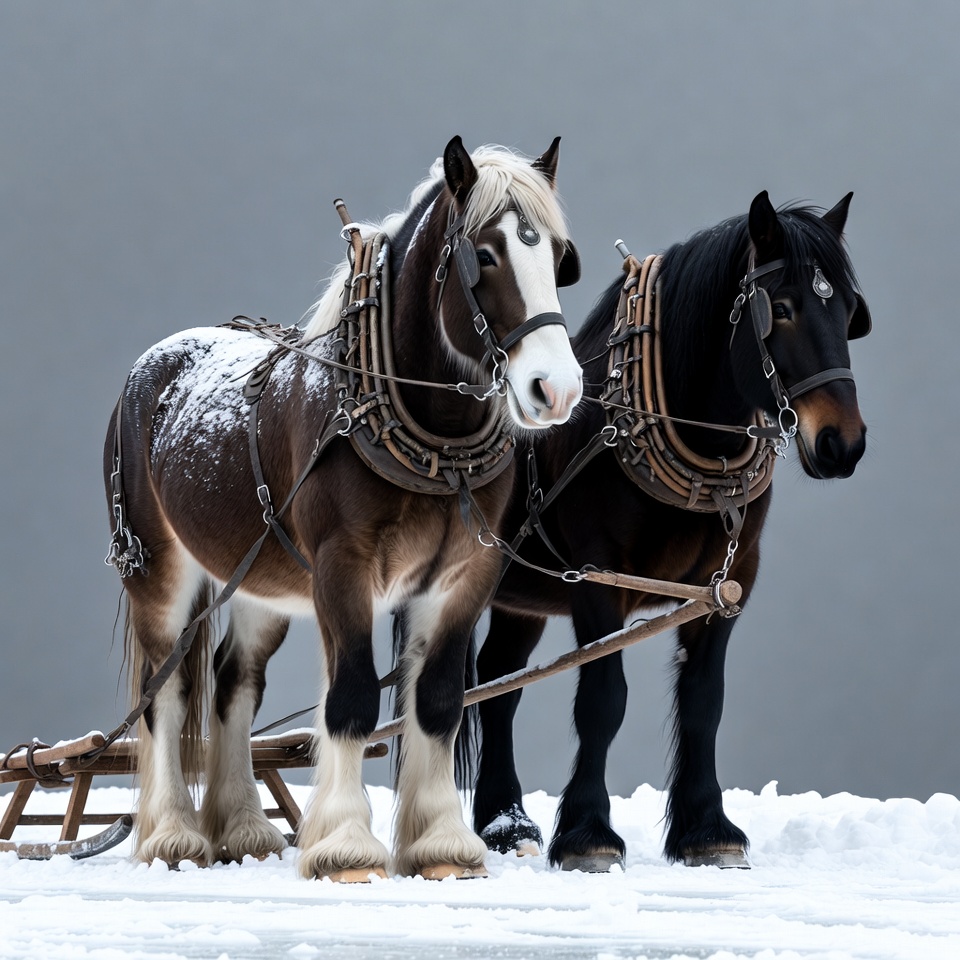 Horses pulling sled on snow Horses pulling sled on snow