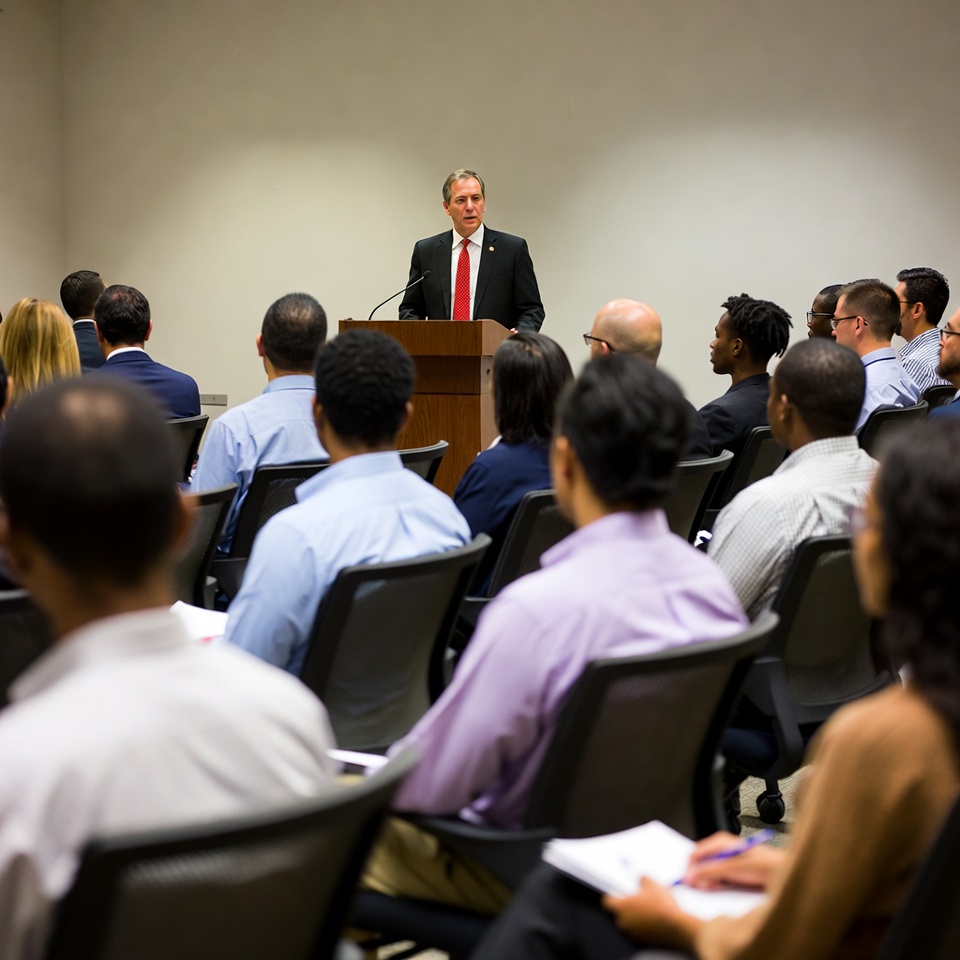 Business meeting with audience in conference room Business meeting with audience in conference room