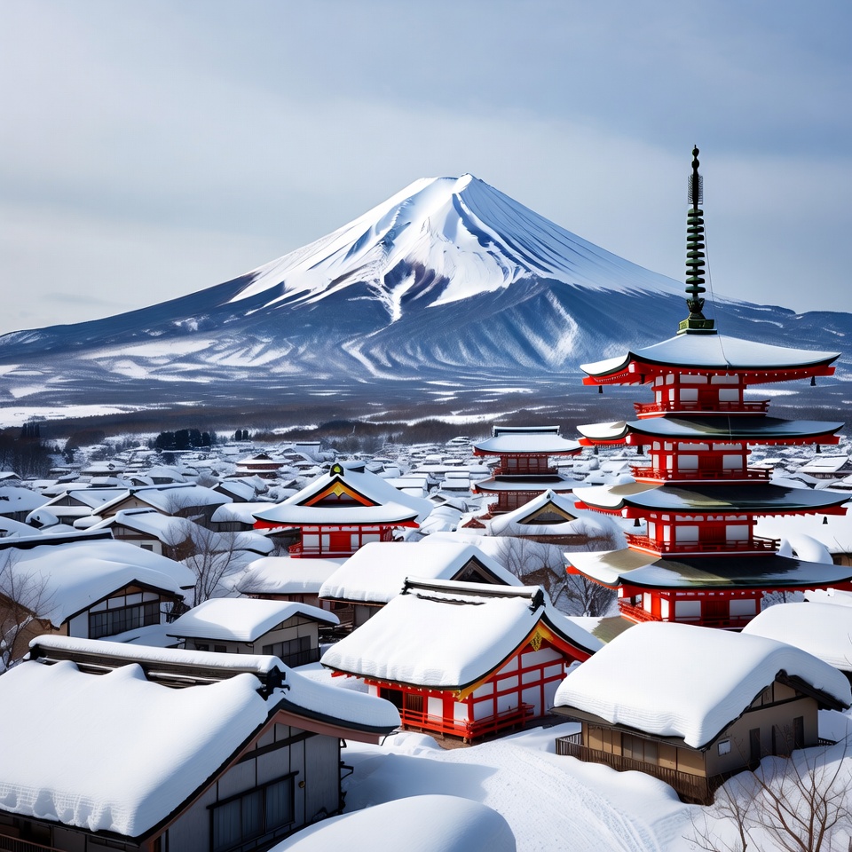 Snowy view of fuji and village Snowy view of fuji and village