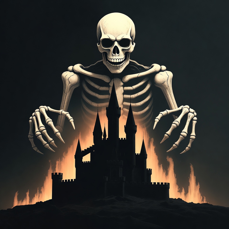 Skeleton towers over dark castle scene Skeleton towers over dark castle scene
