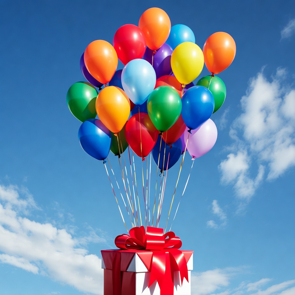 Colorful balloons rising with a gift Colorful balloons rising with a gift