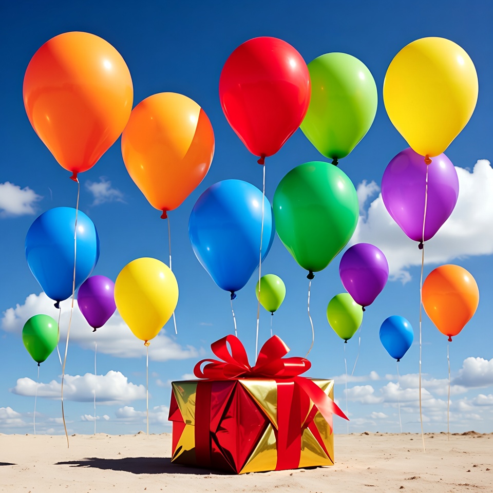 Colorful balloons and gift box in clear sky