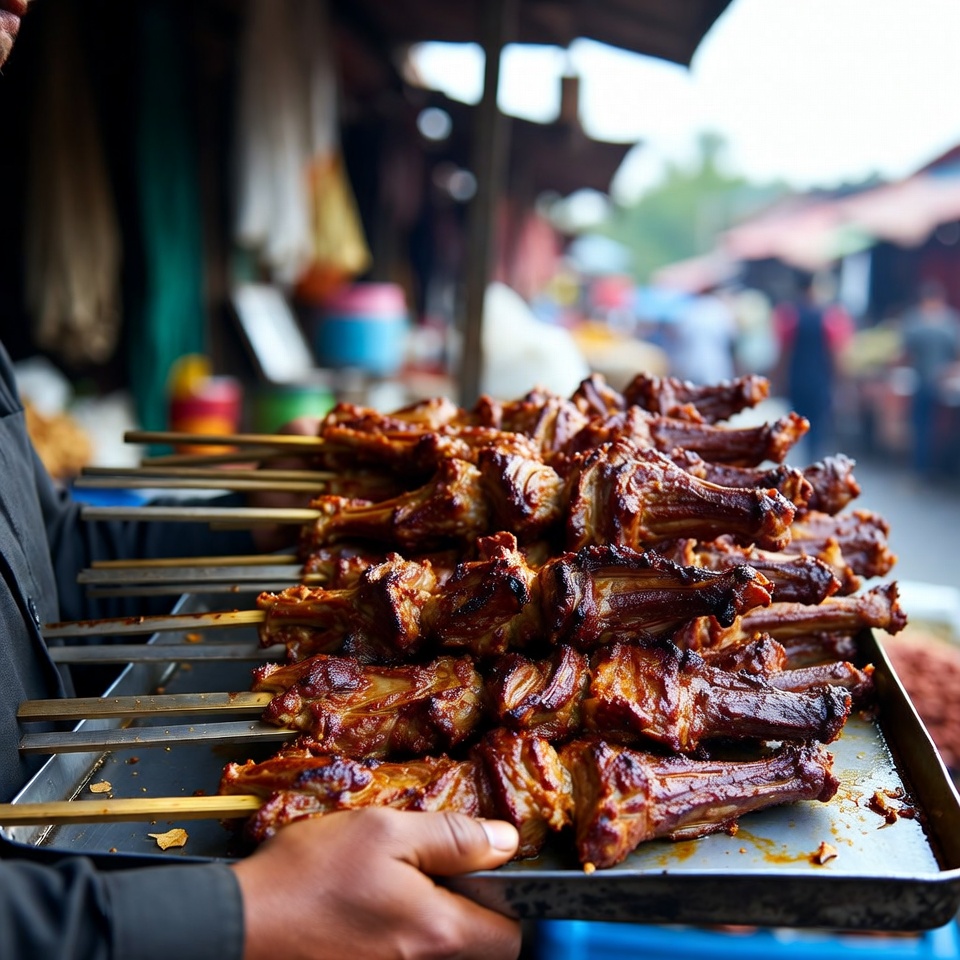 Grilled meat on skewers at market Grilled meat on skewers at market