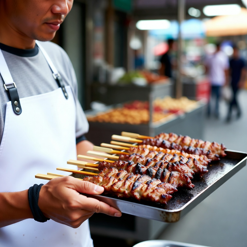Street vendor serving grilled skewers at night Street vendor serving grilled skewers at night