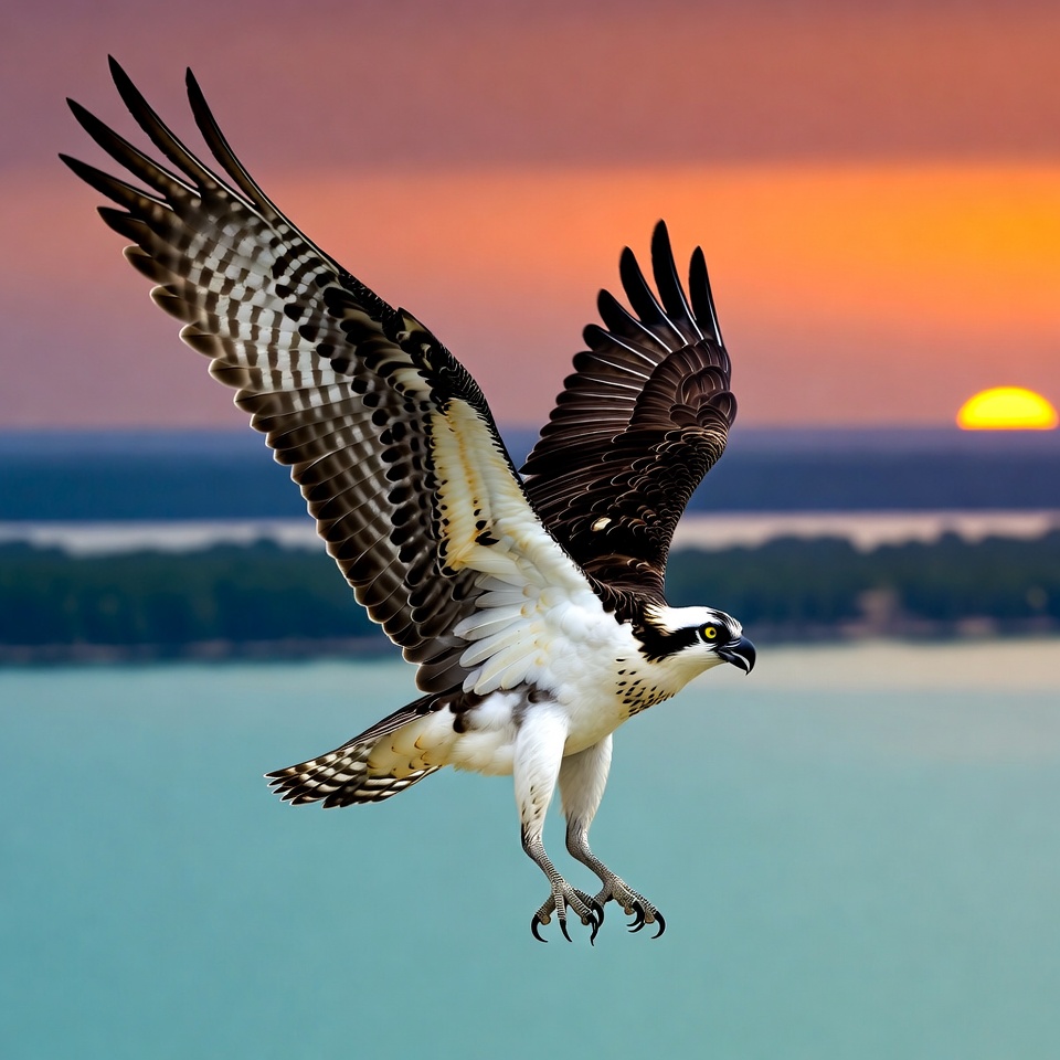 Osprey flying at sunset near water Osprey flying at sunset near water