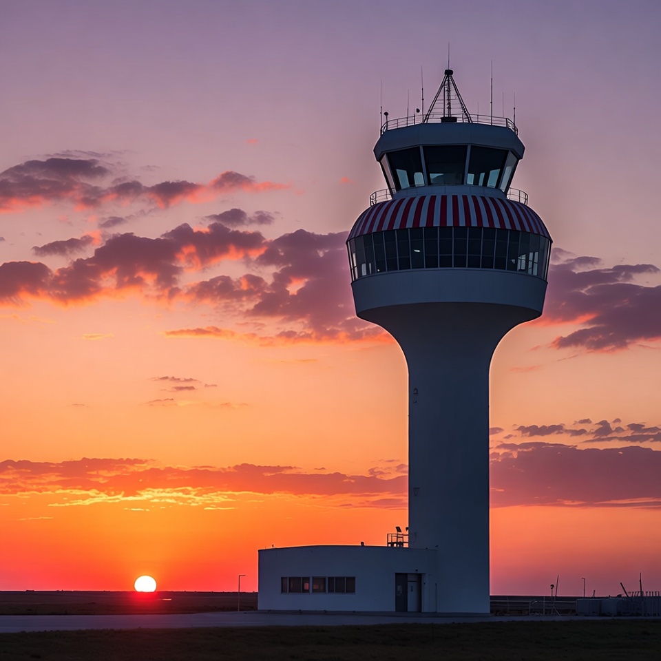 Sunset at airport control tower Sunset at airport control tower