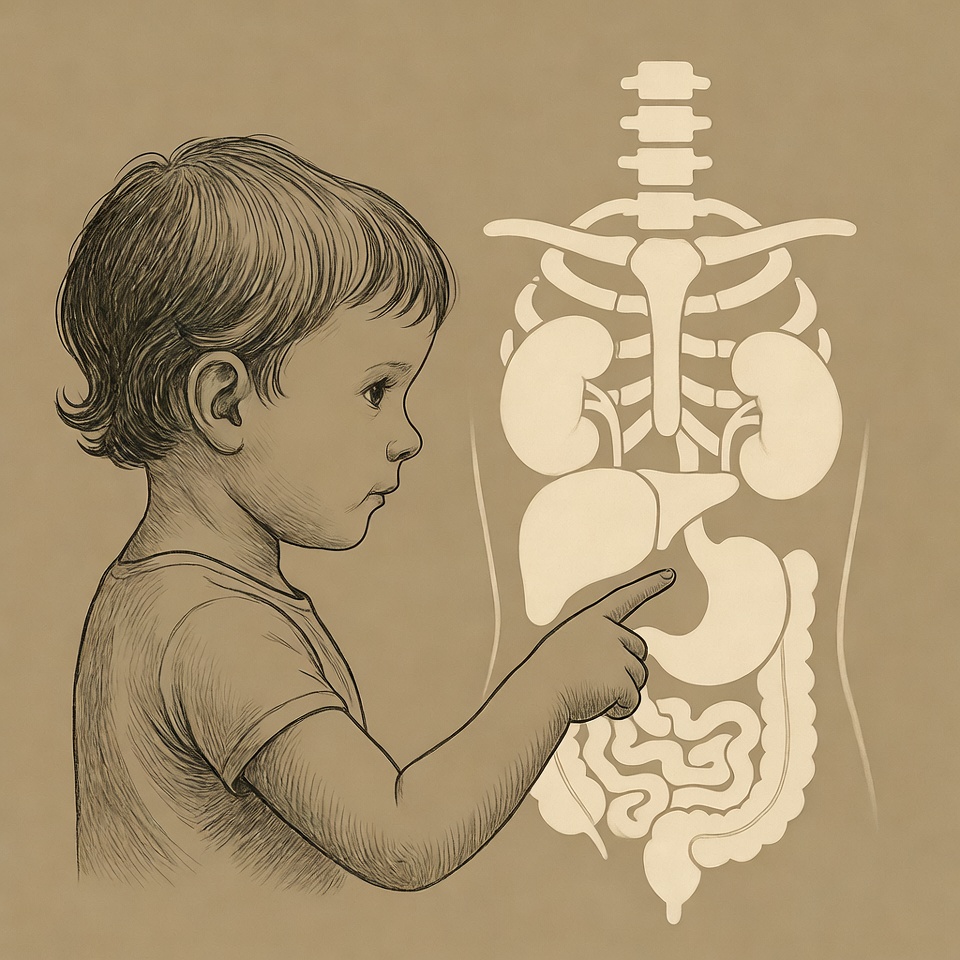 Child points at human anatomy Child points at human anatomy