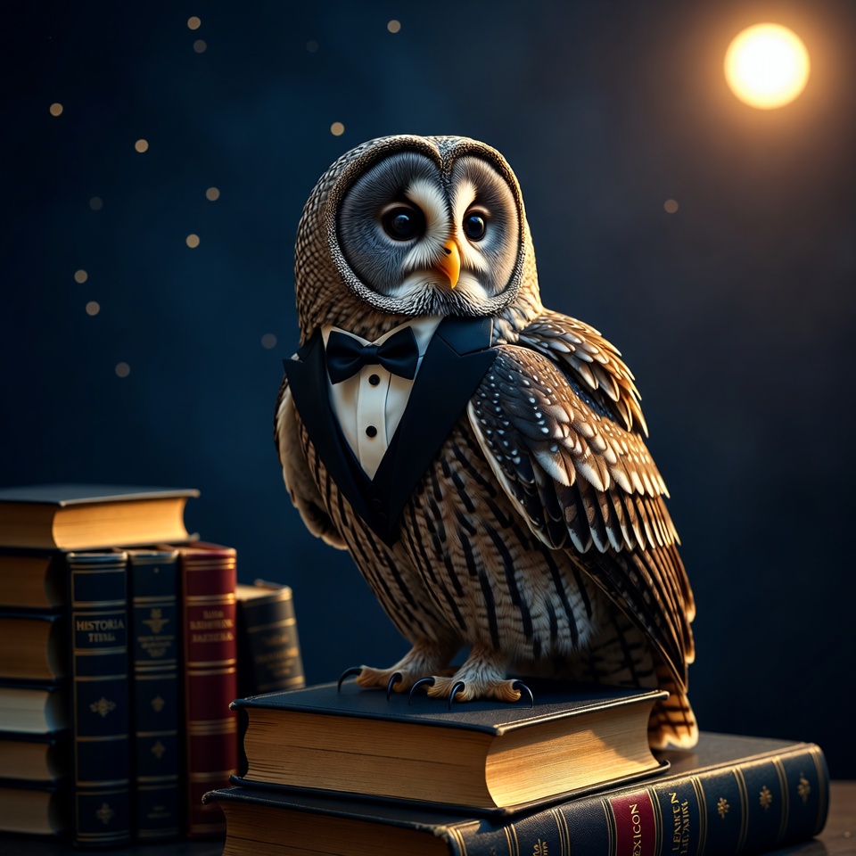 Owl in tuxedo on books at night Owl in tuxedo on books at night