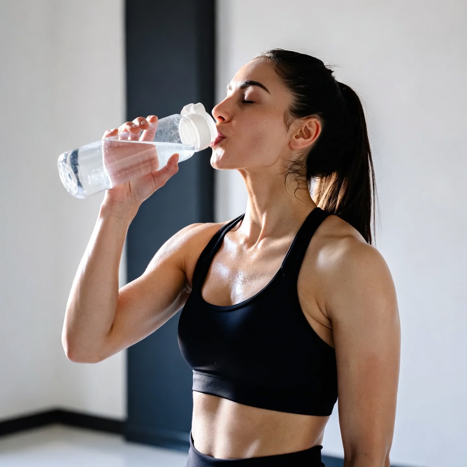 Woman drinks water after workout Woman drinks water after workout