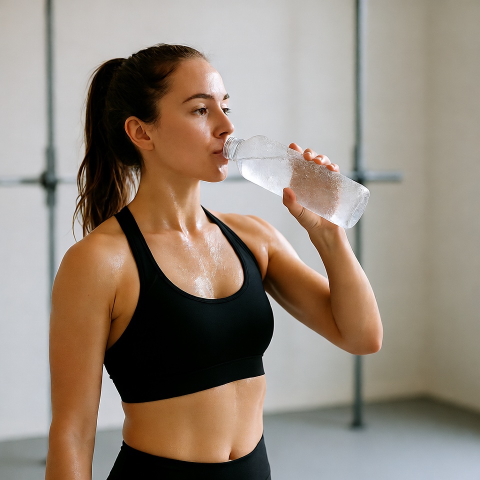 Woman drinks water in gym Woman drinks water in gym
