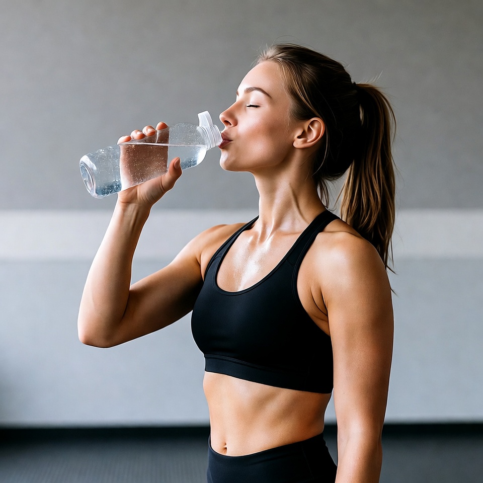 Woman drinks water in gym Woman drinks water in gym