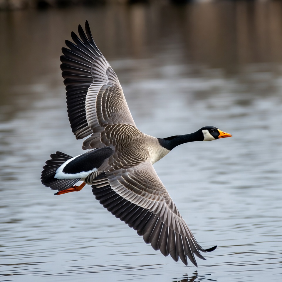 Goose flying over calm water Goose flying over calm water