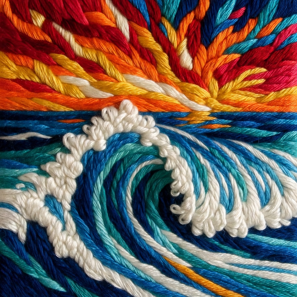 Colorful wave and sun embroidery art Colorful wave and sun embroidery art