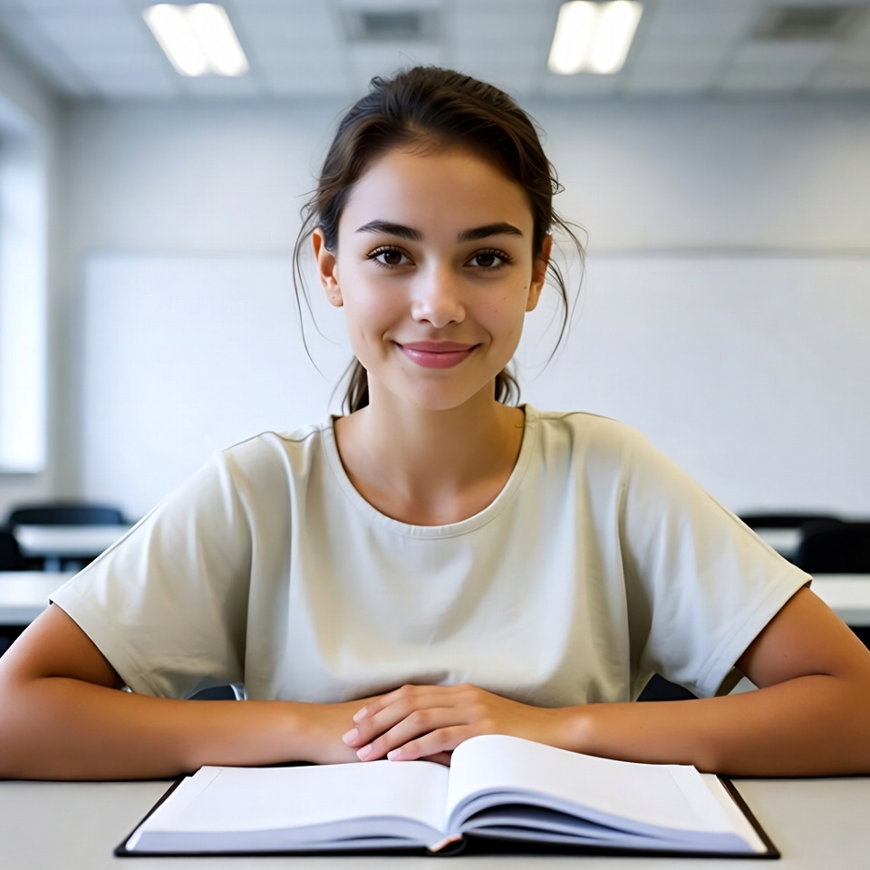 Student at desk with open book Student at desk with open book