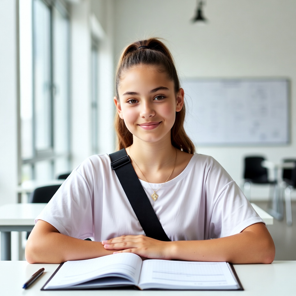 Student sits at study table Student sits at study table