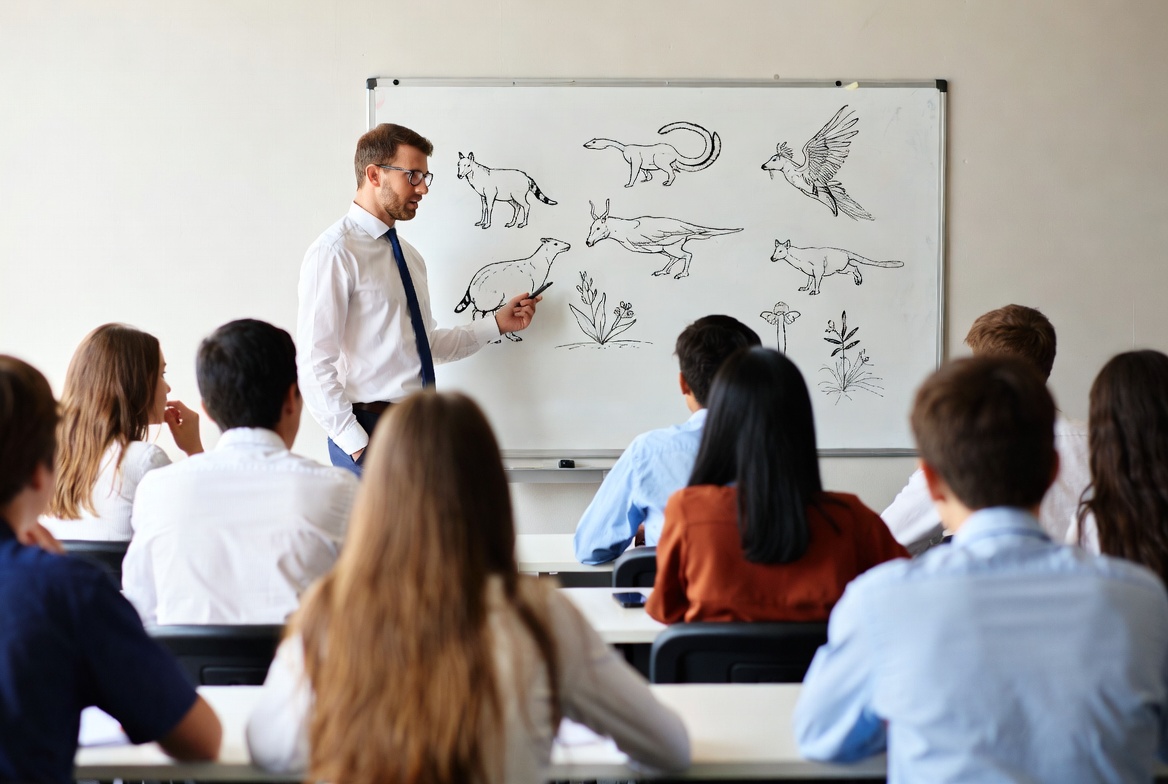 Teacher shows animal drawings to students Teacher shows animal drawings to students