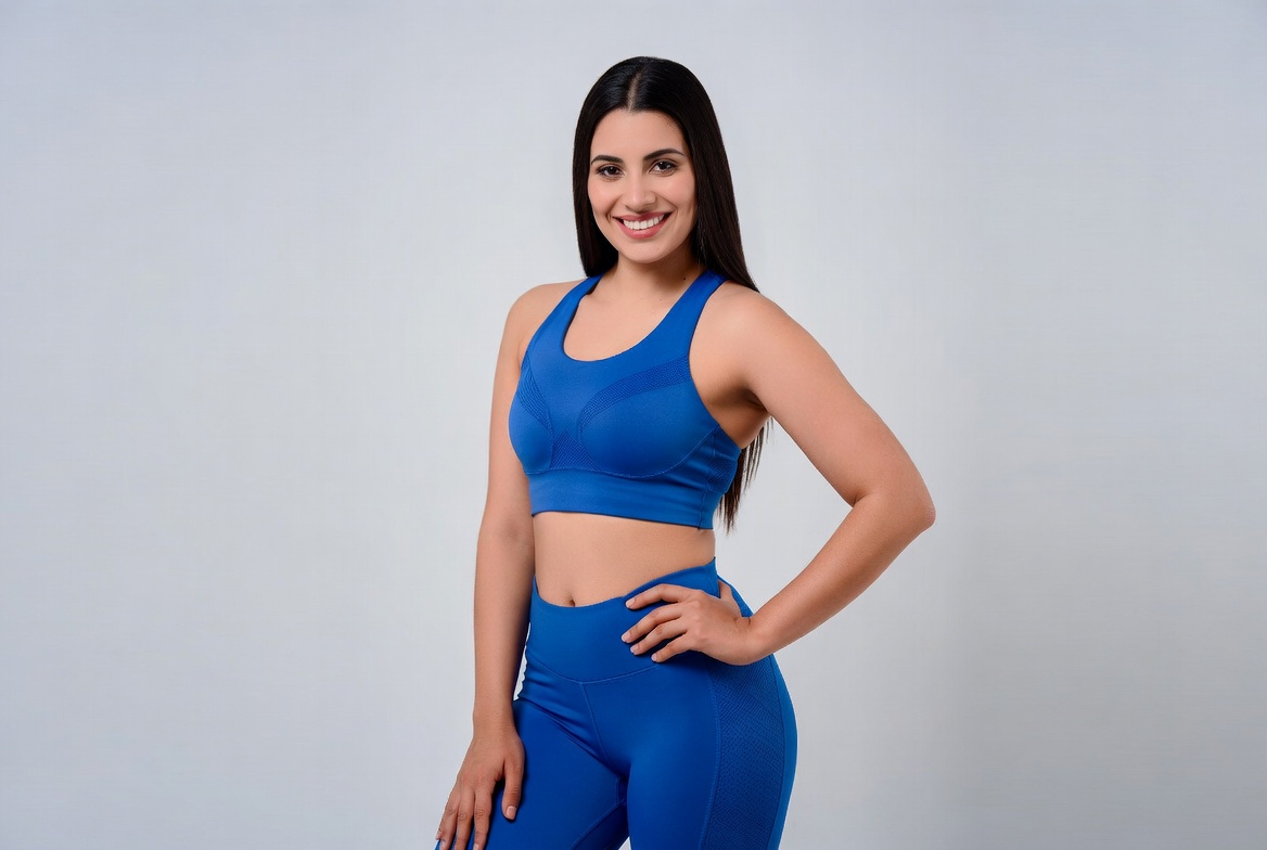 Woman poses in blue workout outfit Woman poses in blue workout outfit