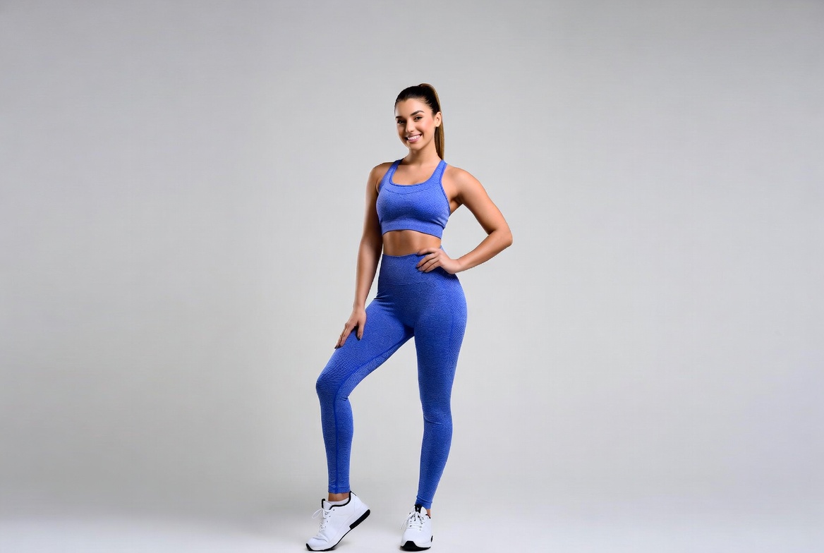Woman in blue activewear poses Woman in blue activewear poses