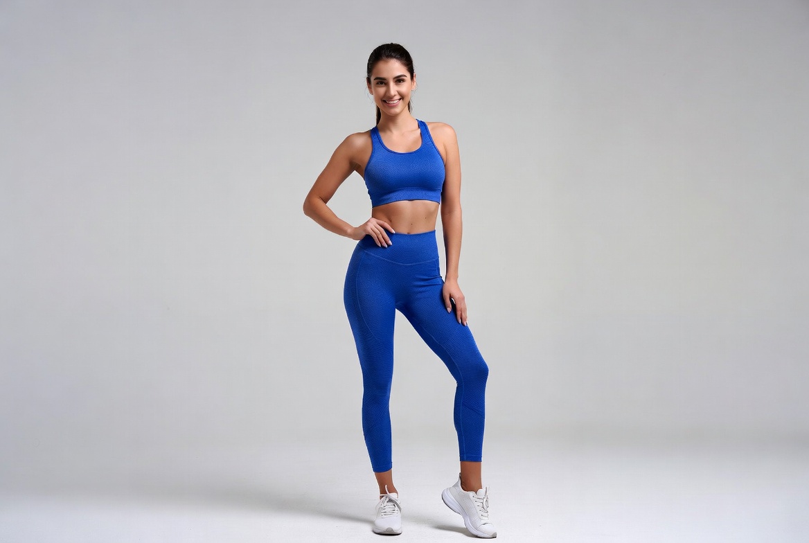 Fitness model poses in blue outfit Fitness model poses in blue outfit