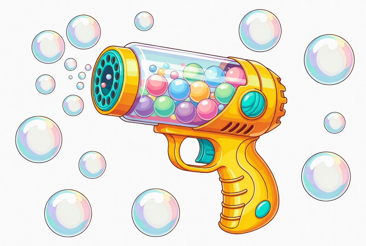 Bubble gun with colorful bubbles floating Bubble gun with colorful bubbles floating