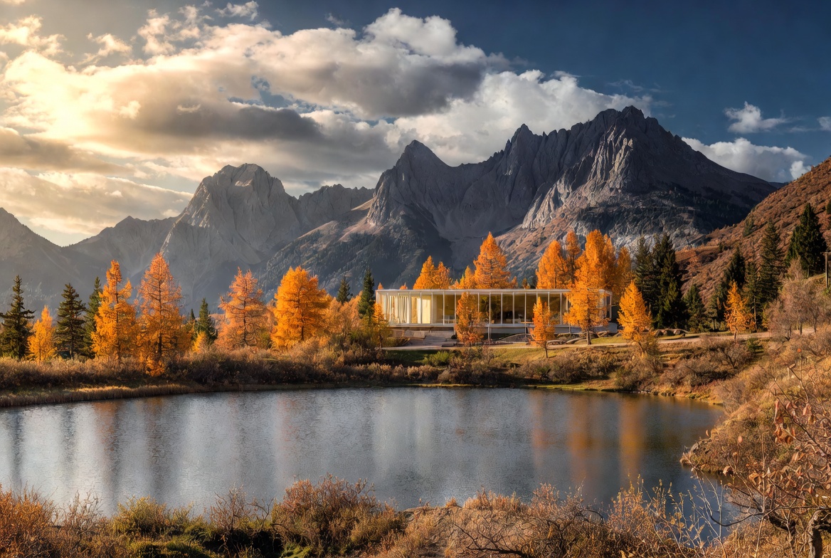 Mountain view with modern building in fall Mountain view with modern building in fall