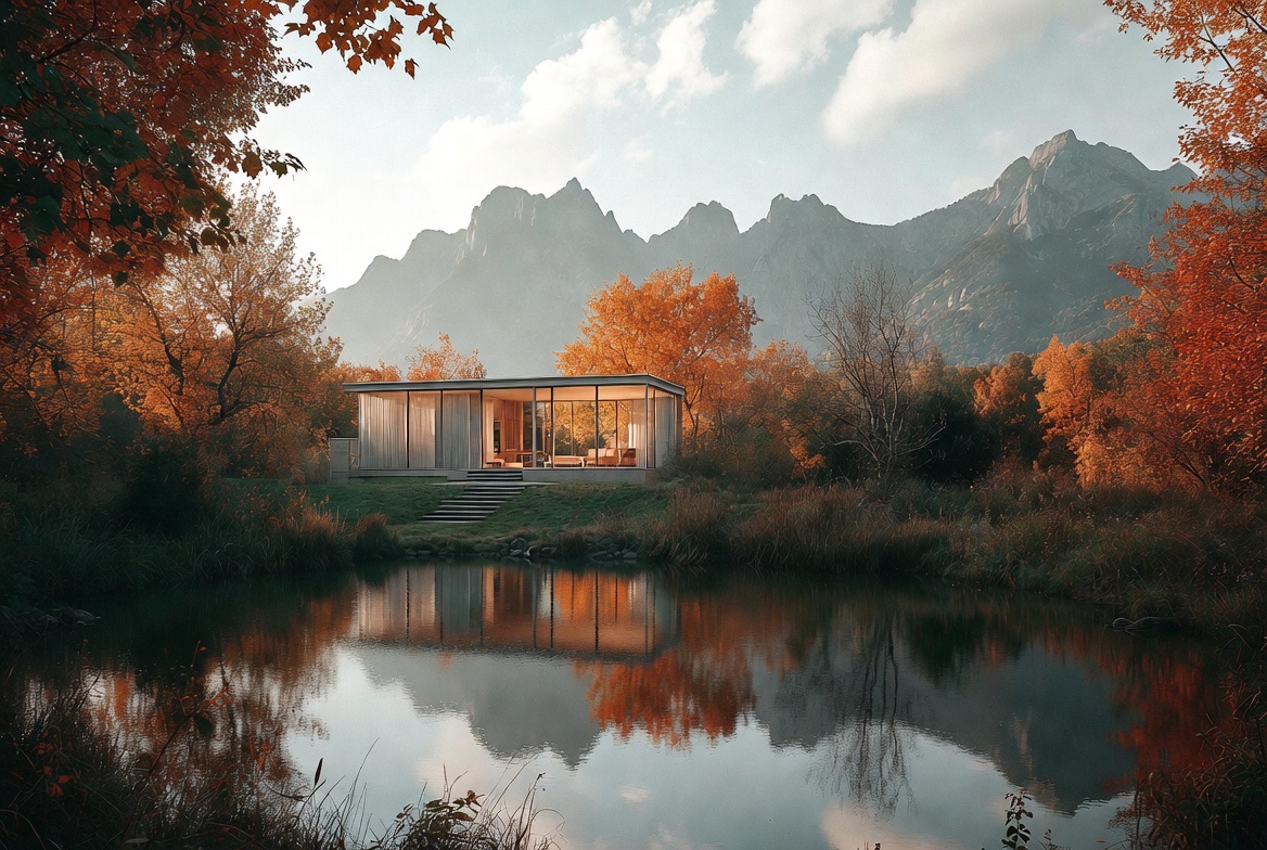 Modern house by mountain lake in autumn Modern house by mountain lake in autumn