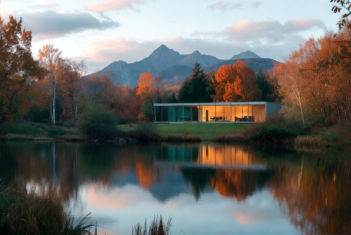 House by the lake at sunset House by the lake at sunset