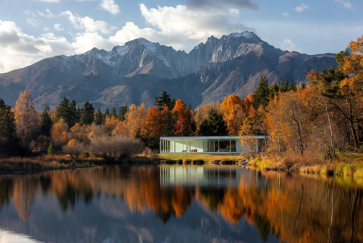 Modern house near mountain lake Modern house near mountain lake