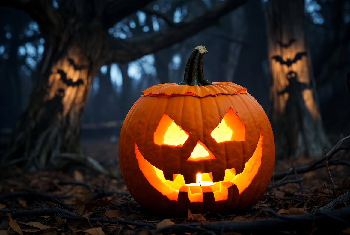 Jack-o'-lantern glows in woods Jack-o'-lantern glows in woods