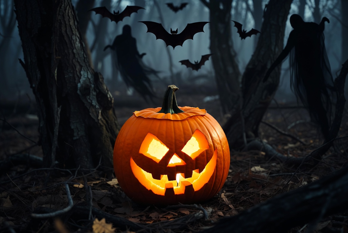 Halloween night with carved pumpkin and bats Halloween night with carved pumpkin and bats