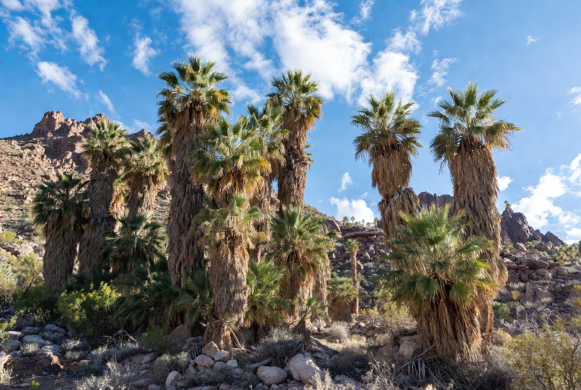 Palm trees in rocky landscape under blue sky Palm trees in rocky landscape under blue sky
