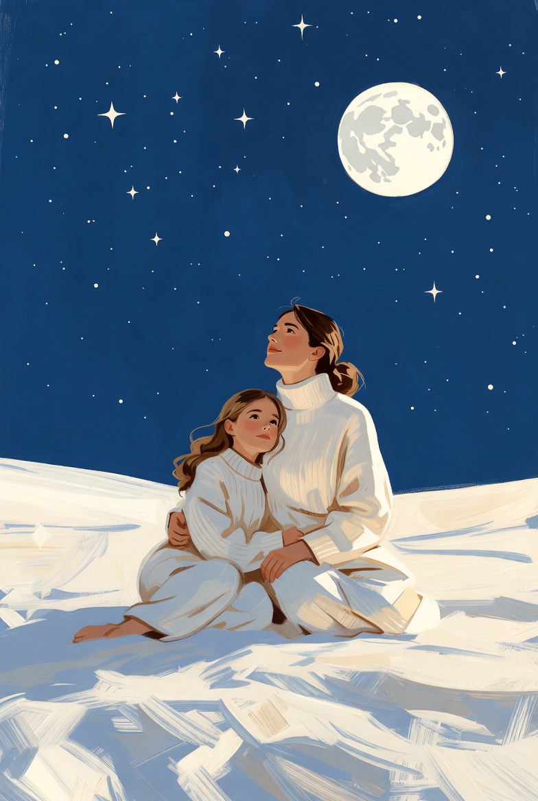 Mother and child watch moonlight at night Mother and child watch moonlight at night