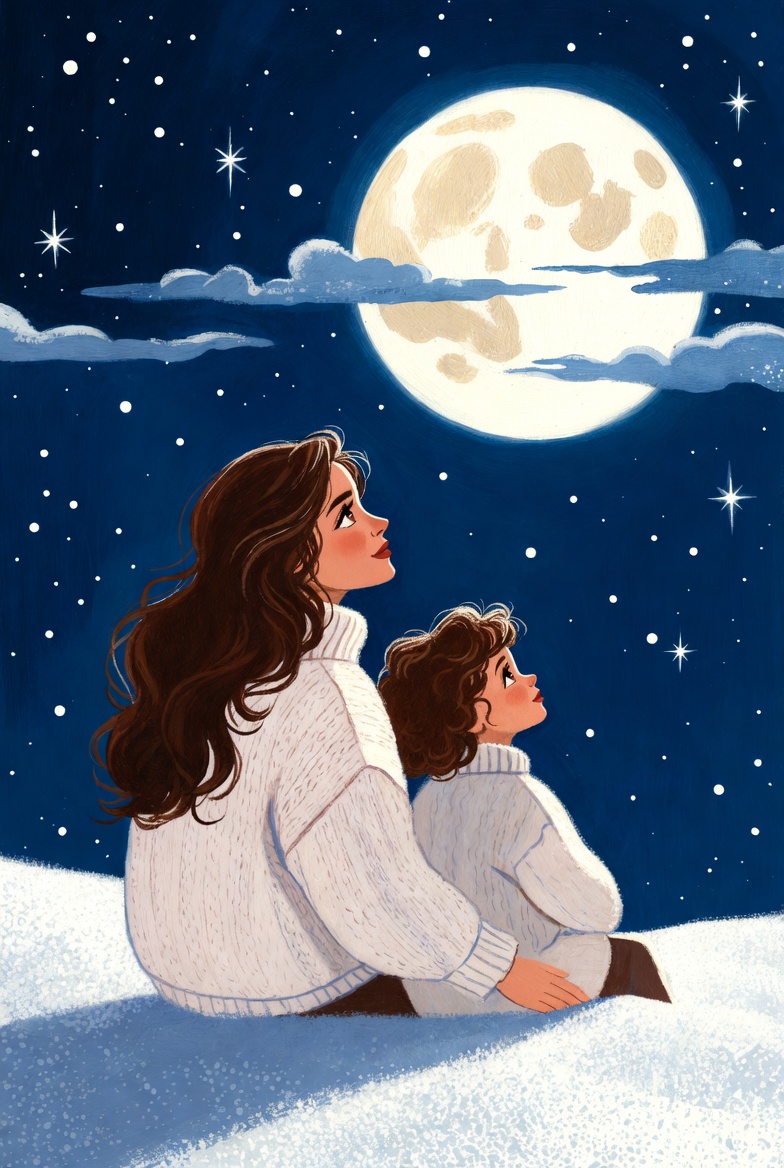 Mother and child gaze at moon Mother and child gaze at moon